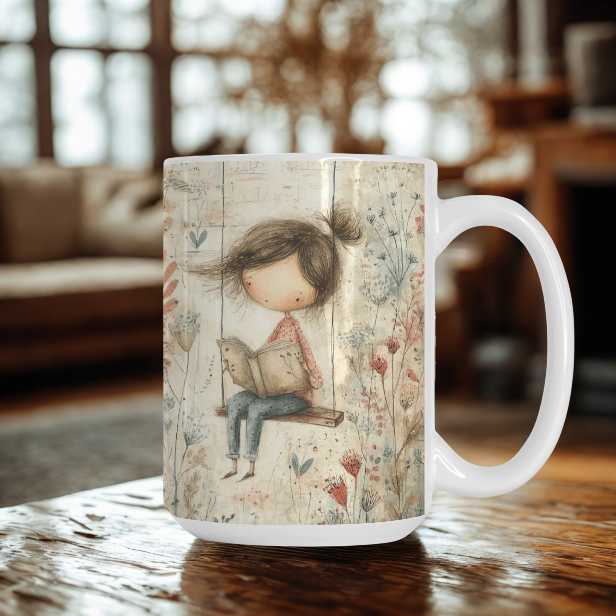 Mug with a design of a girl reading a book on a wooden table.