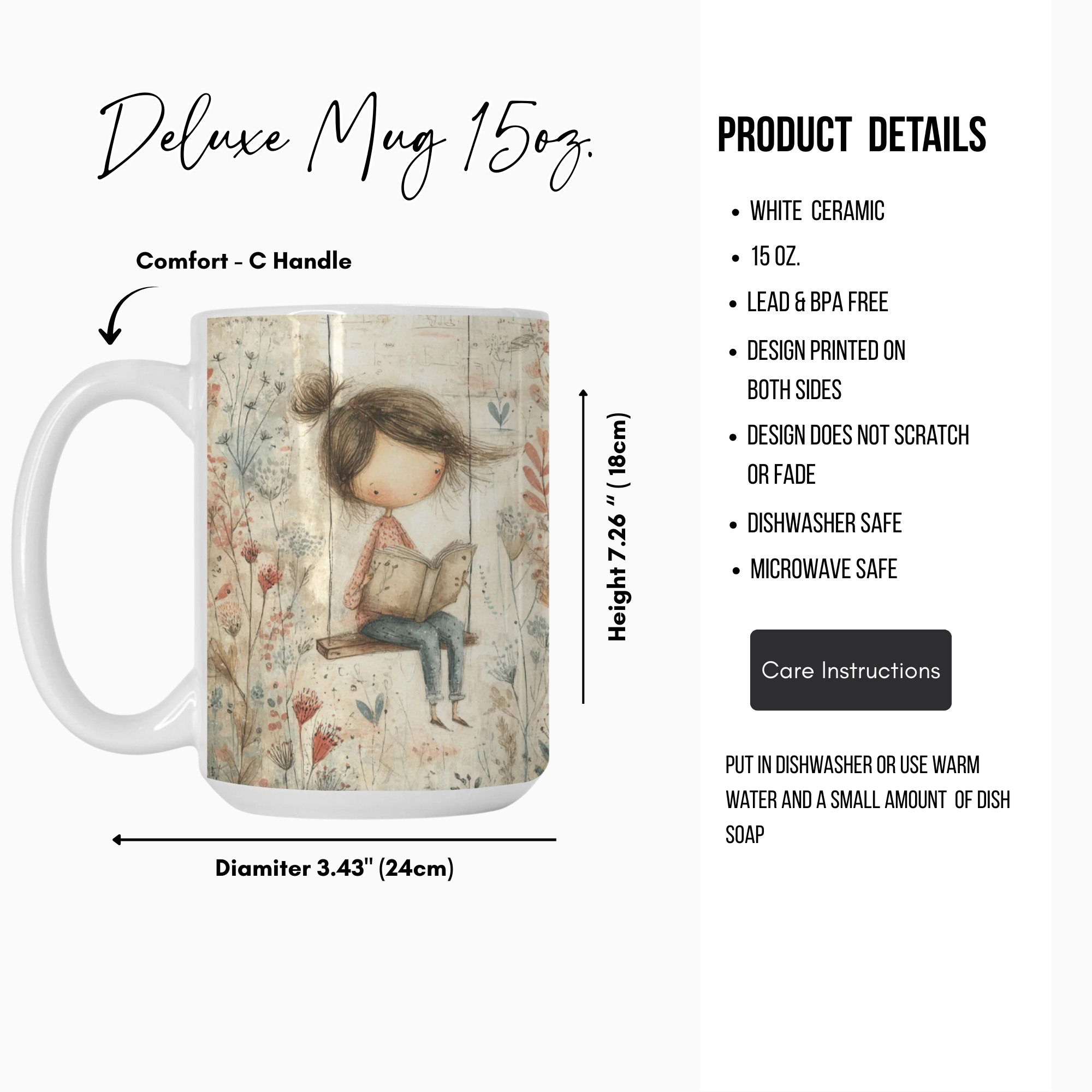 Deluxe mug with a design of a girl reading a book, featuring product details on a white background.