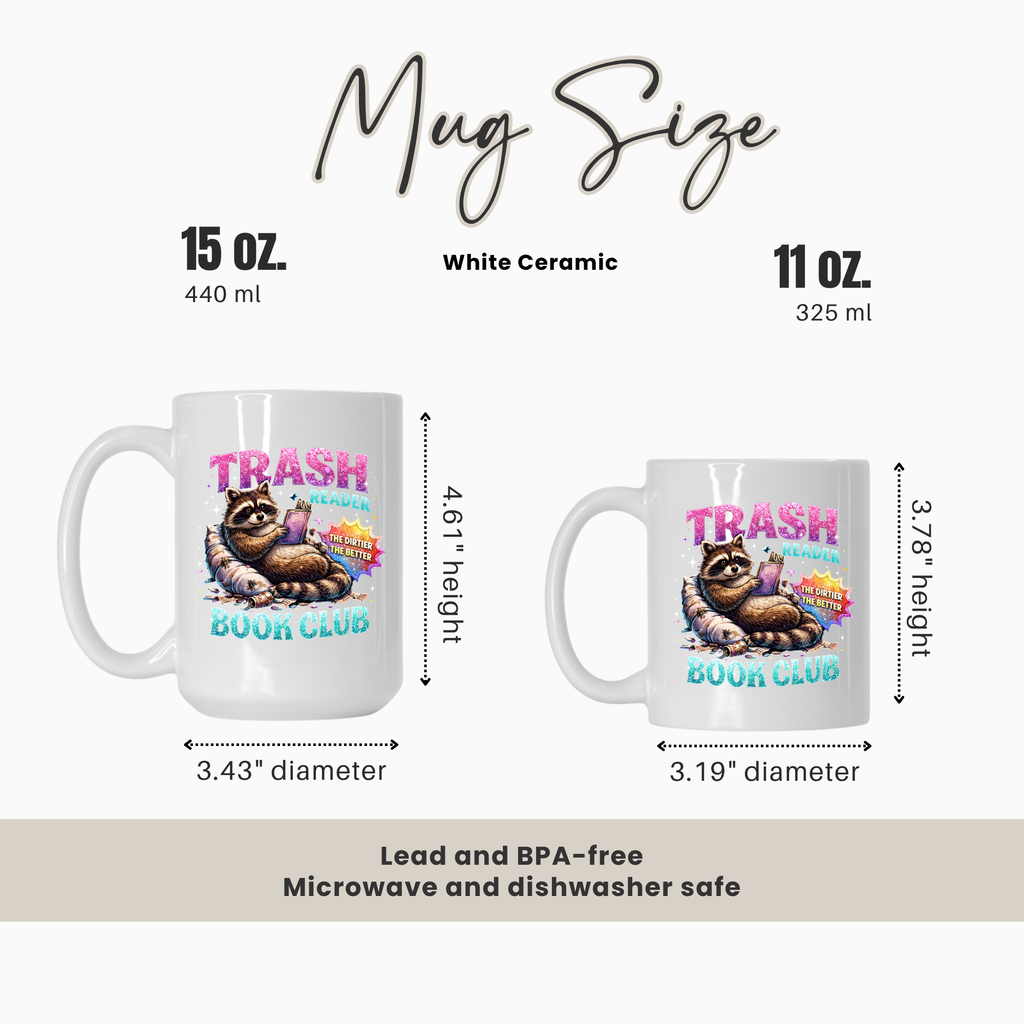 Two mugs with a raccoon design and text, showing size comparison and features.