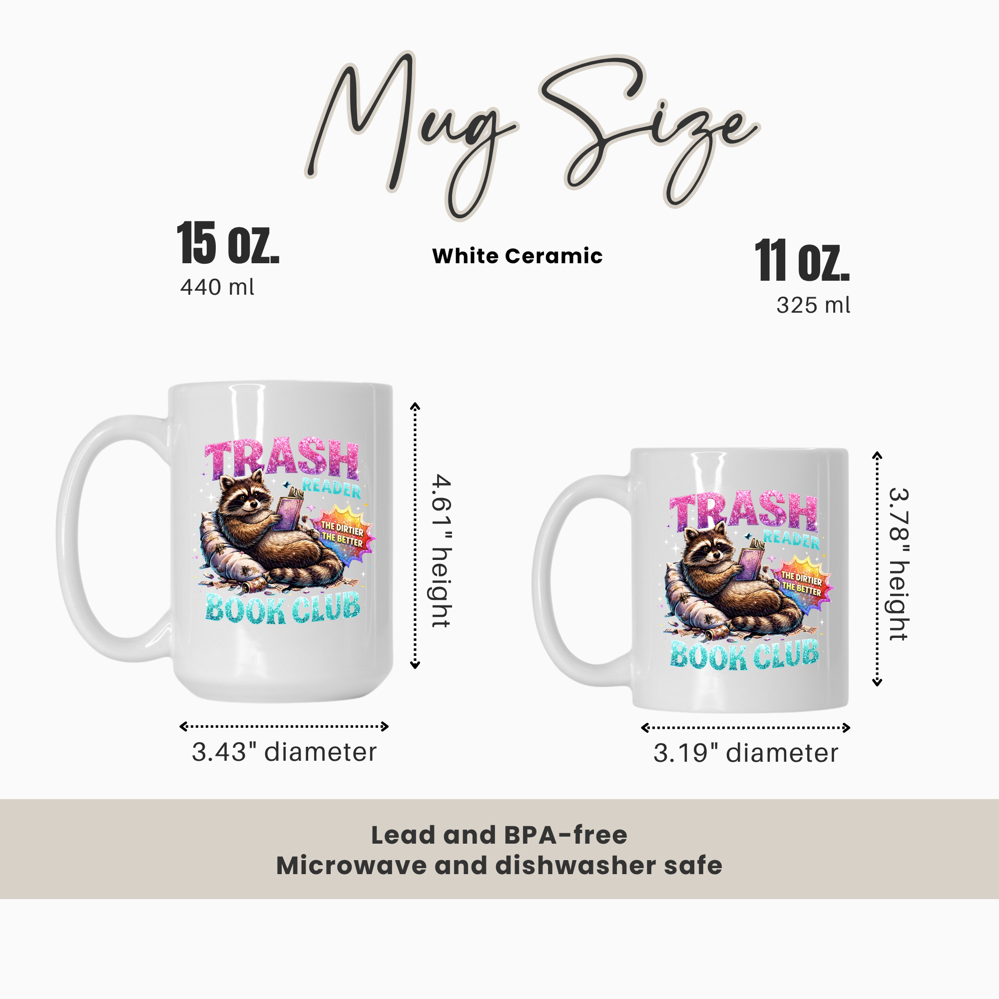 Two mugs with a raccoon design and text, showing size comparison and features.