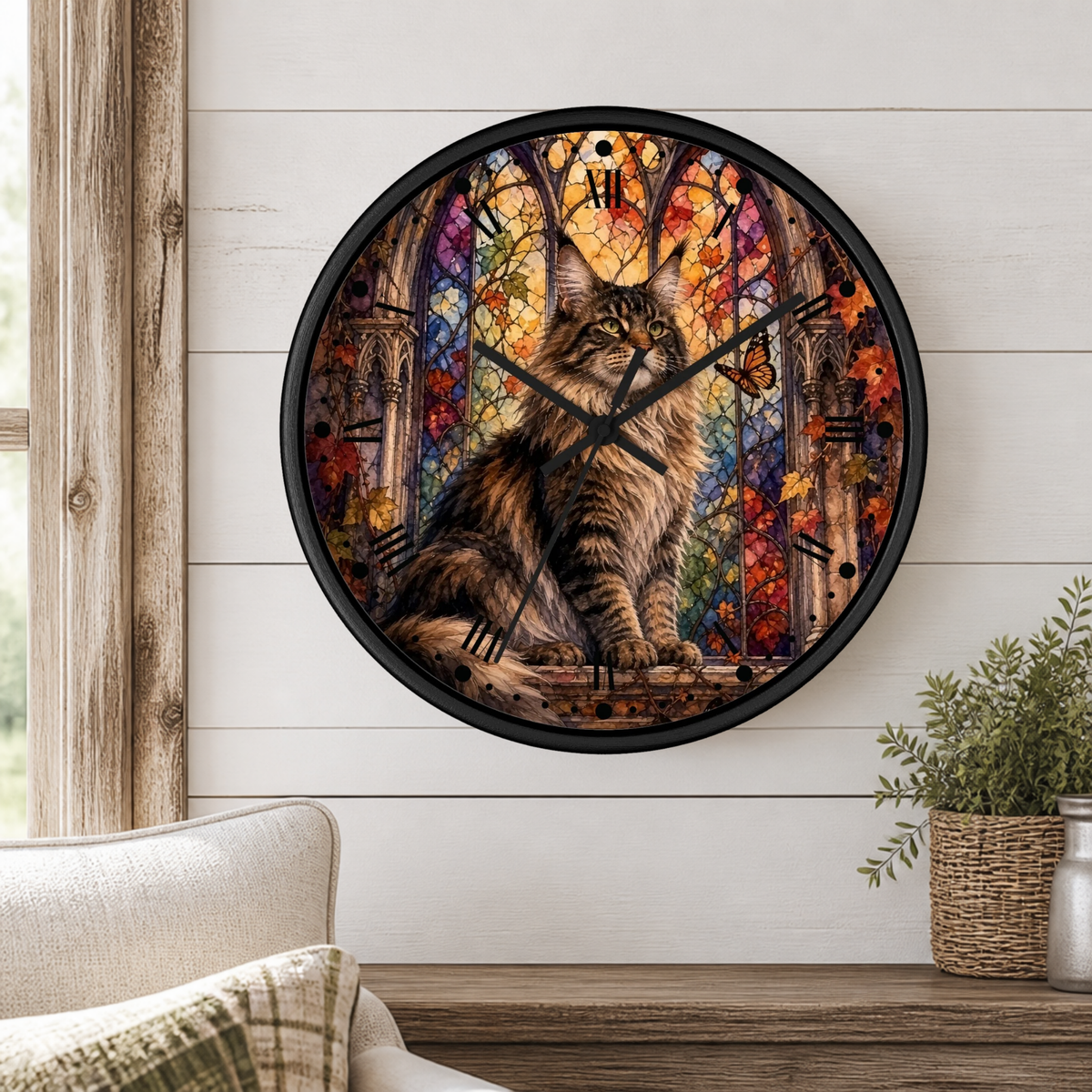 A round wall clock with a black frame and a colorful printed design of a brown tabby cat in front of stained-glass-style autumn windows. The clock is mounted on a white shiplap wall above a wooden shelf, with a beige armchair and a potted plant visible in the room.