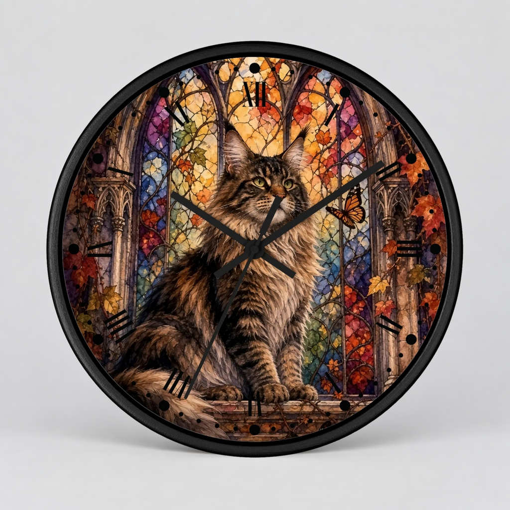 Main Coon Tabby Stained Glass Cat Wood Wall Clock