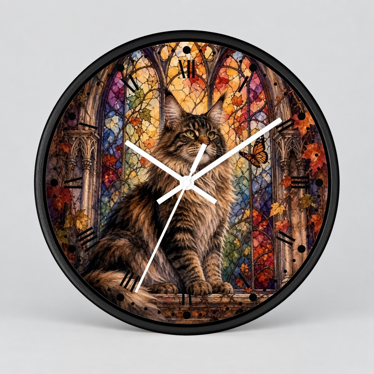 Main Coon Tabby Stained Glass Cat Wood Wall Clock