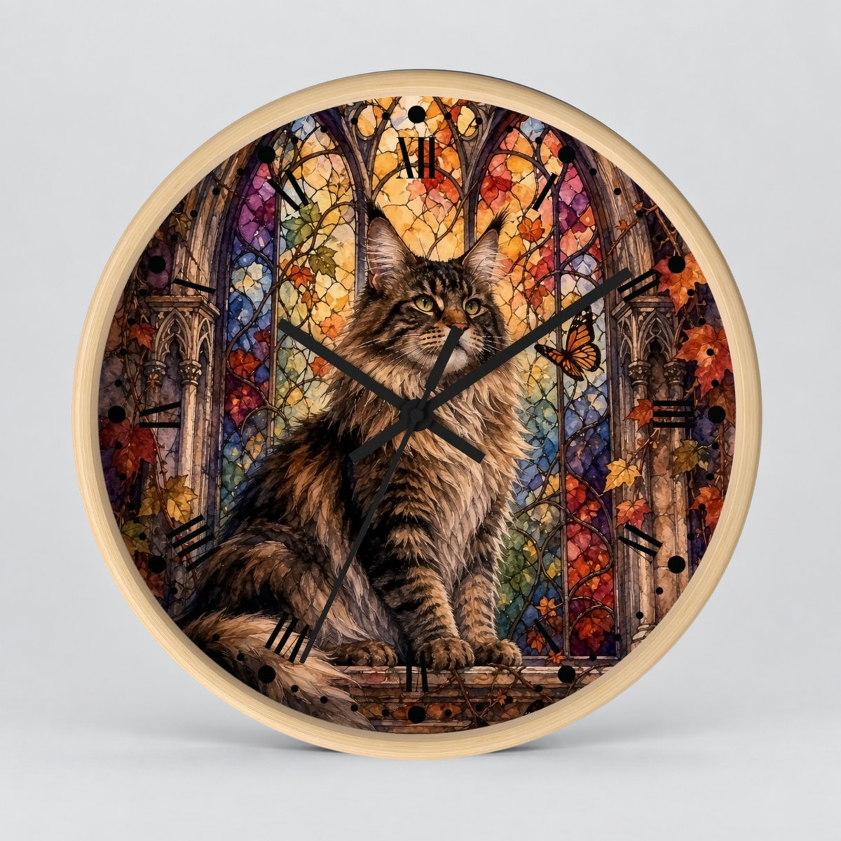 Main Coon Tabby Stained Glass Cat Wood Wall Clock