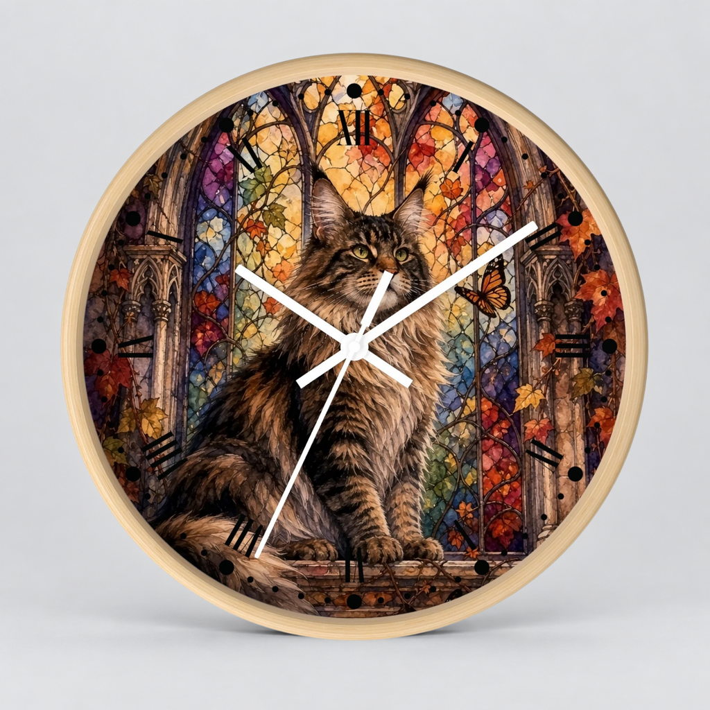 Main Coon Tabby Stained Glass Cat Wood Wall Clock