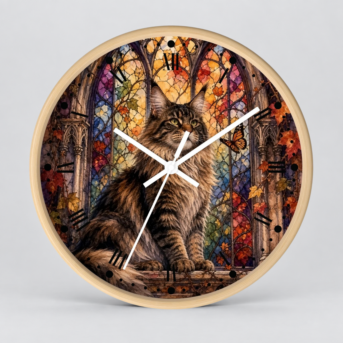 Main Coon Tabby Stained Glass Cat Wood Wall Clock