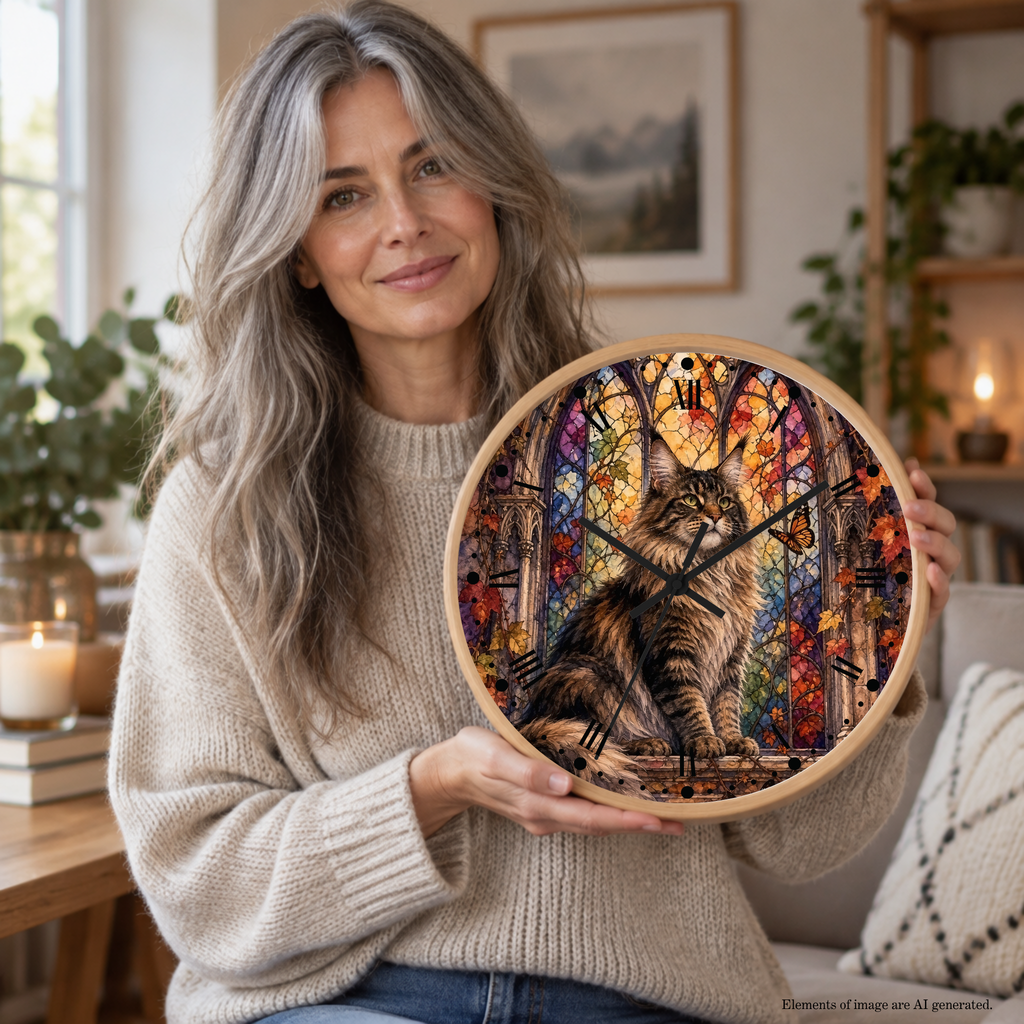 A woman with long gray hair holds a round wooden wall clock featuring a colorful stained-glass-style illustration of a cat in a forest. She is wearing a beige knit sweater in a cozy, warmly lit living room setting.