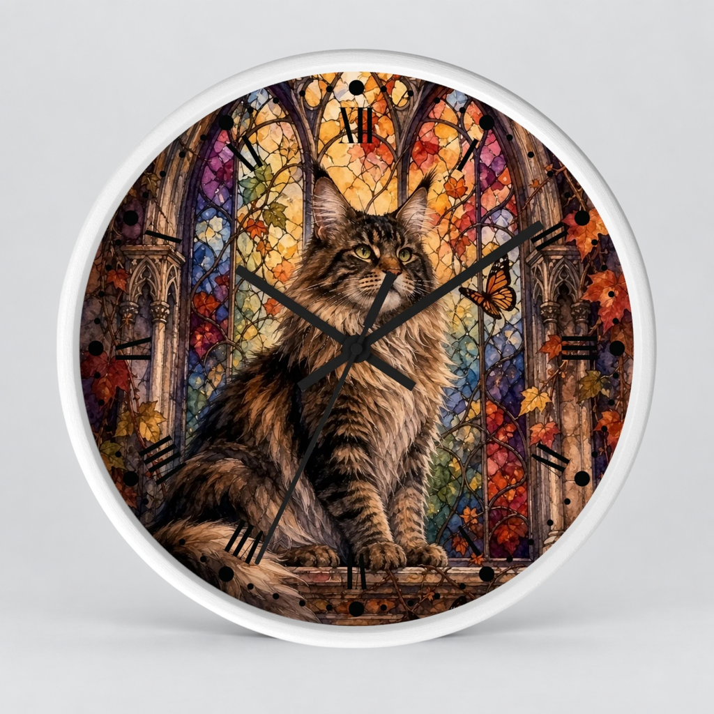Main Coon Tabby Stained Glass Cat Wood Wall Clock