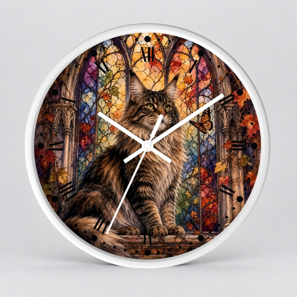 Main Coon Tabby Stained Glass Cat Wood Wall Clock