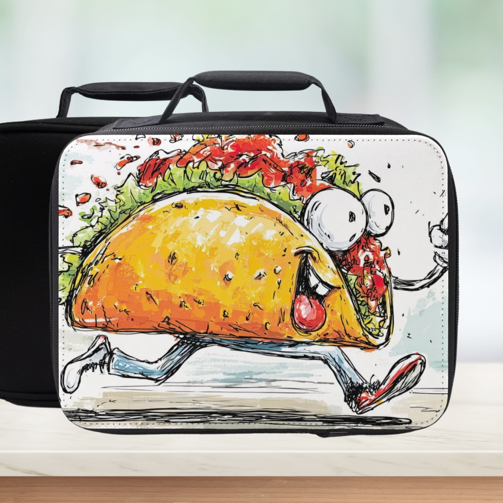 Lunch bag with a cartoon taco design on a white background