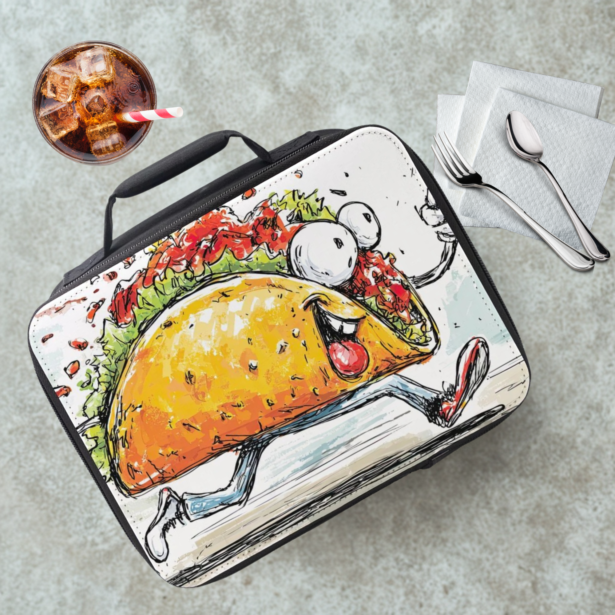 Lunch bag with a cartoon taco design on a cafeteria table with a drink and utensils.