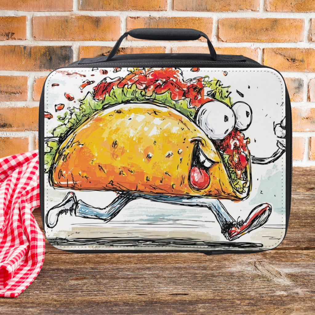 Lunch bag with a cartoon taco design on a wooden picnic table and brick wall background