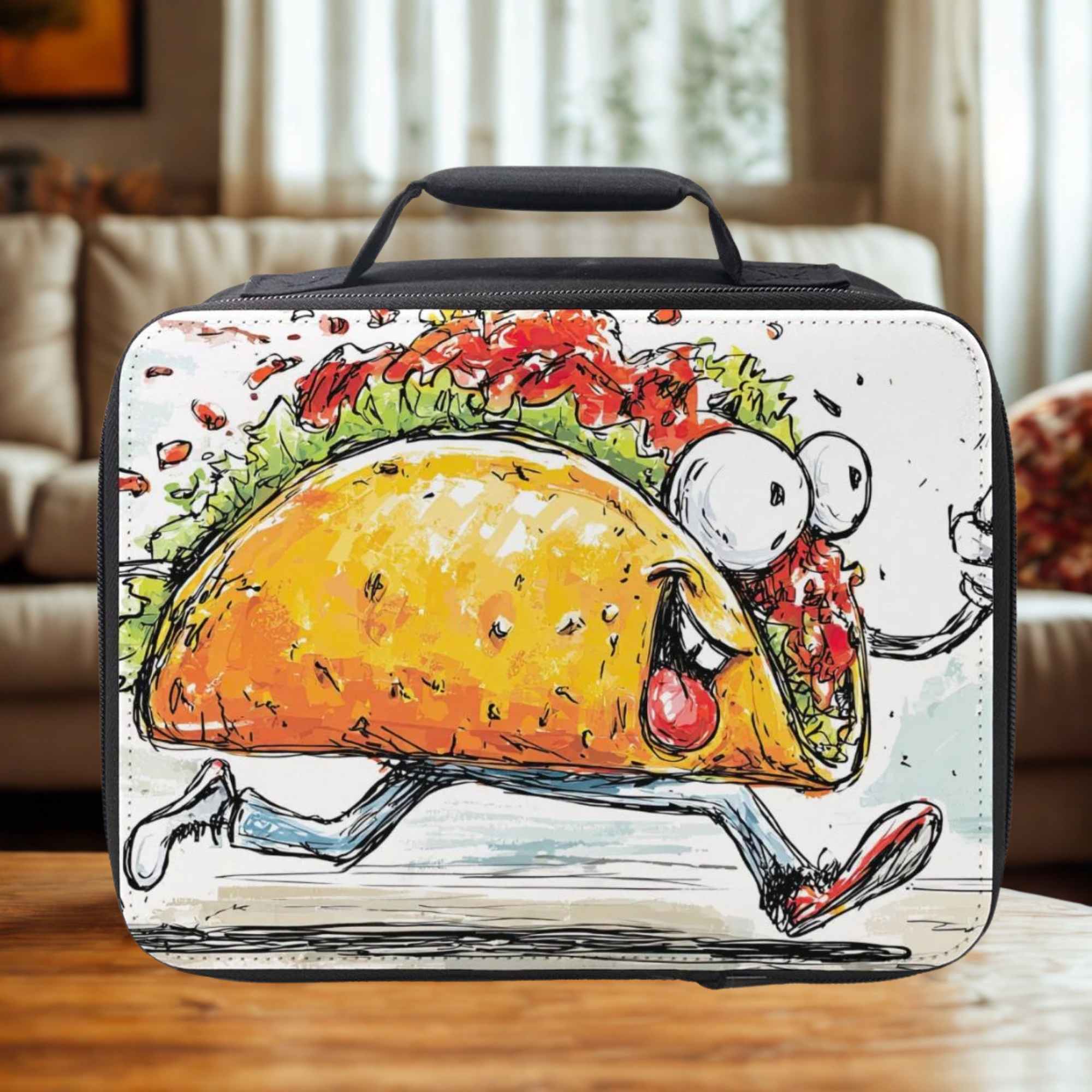  insulated lunch bag with cartoon taco design on a wooden living room table