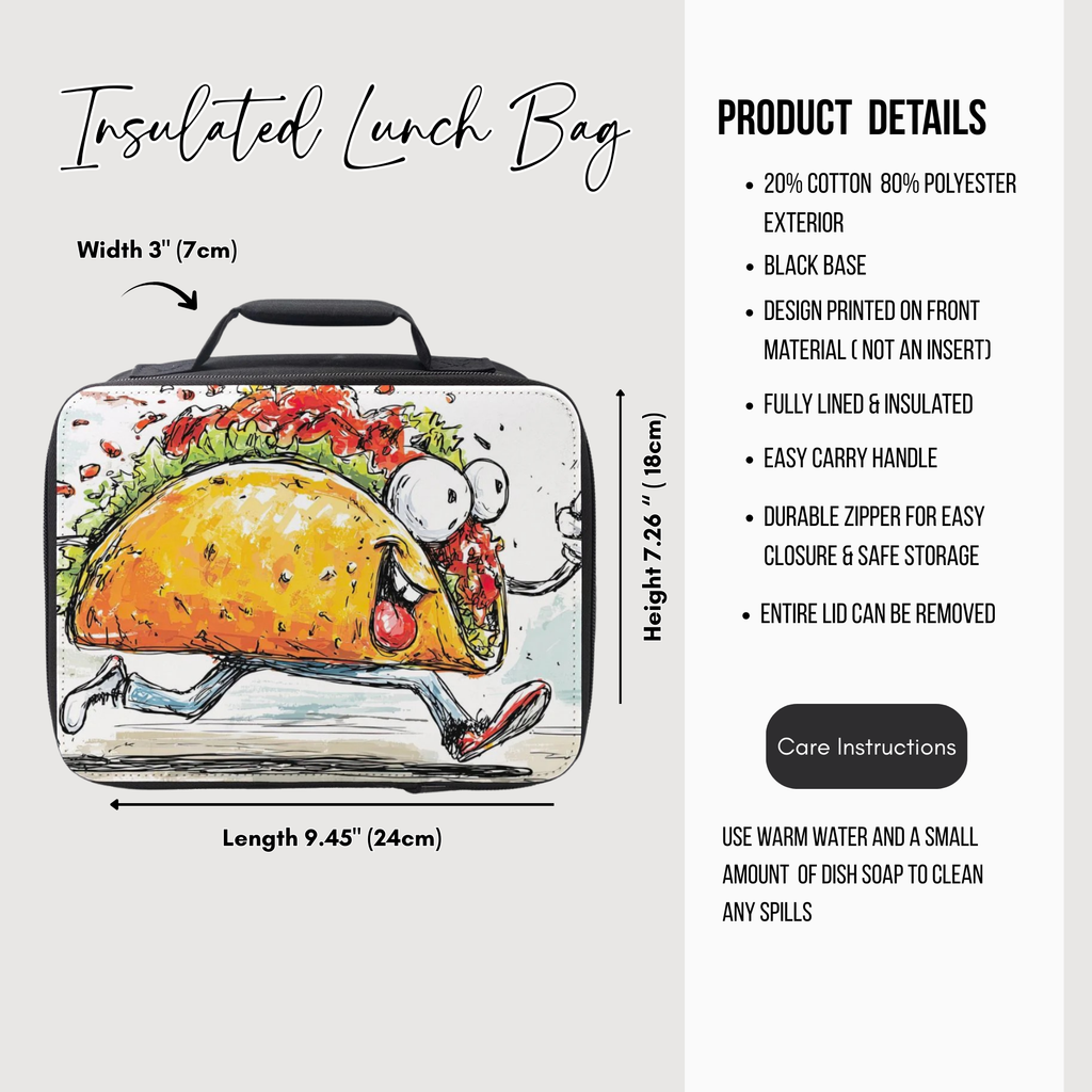 Insulated lunch bag with cartoon taco design and product details on a white background