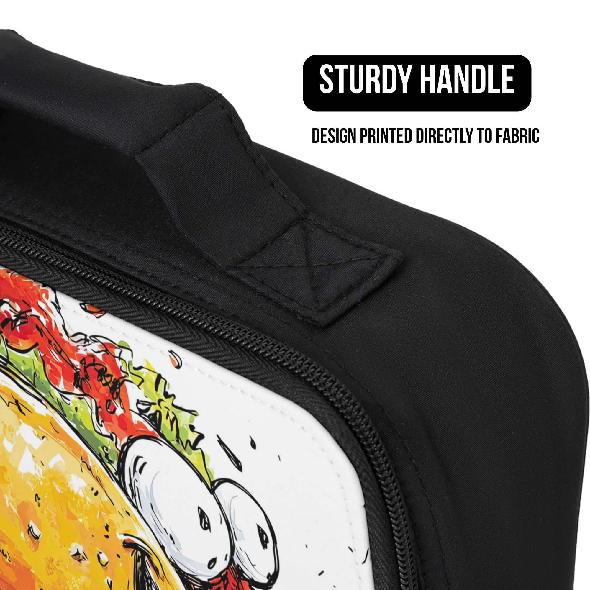 Black lunch bag with a colorful design of a taco on a white background, featuring text about a sturdy handle and printed design directly to fabric