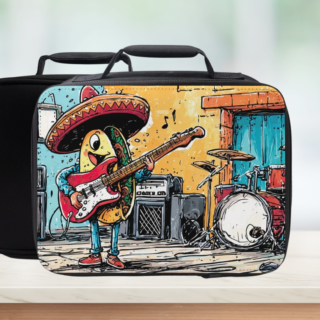  insulated lunch bag with cartoon character tac playing guitar and wearing a sombrero on a counter with a light background