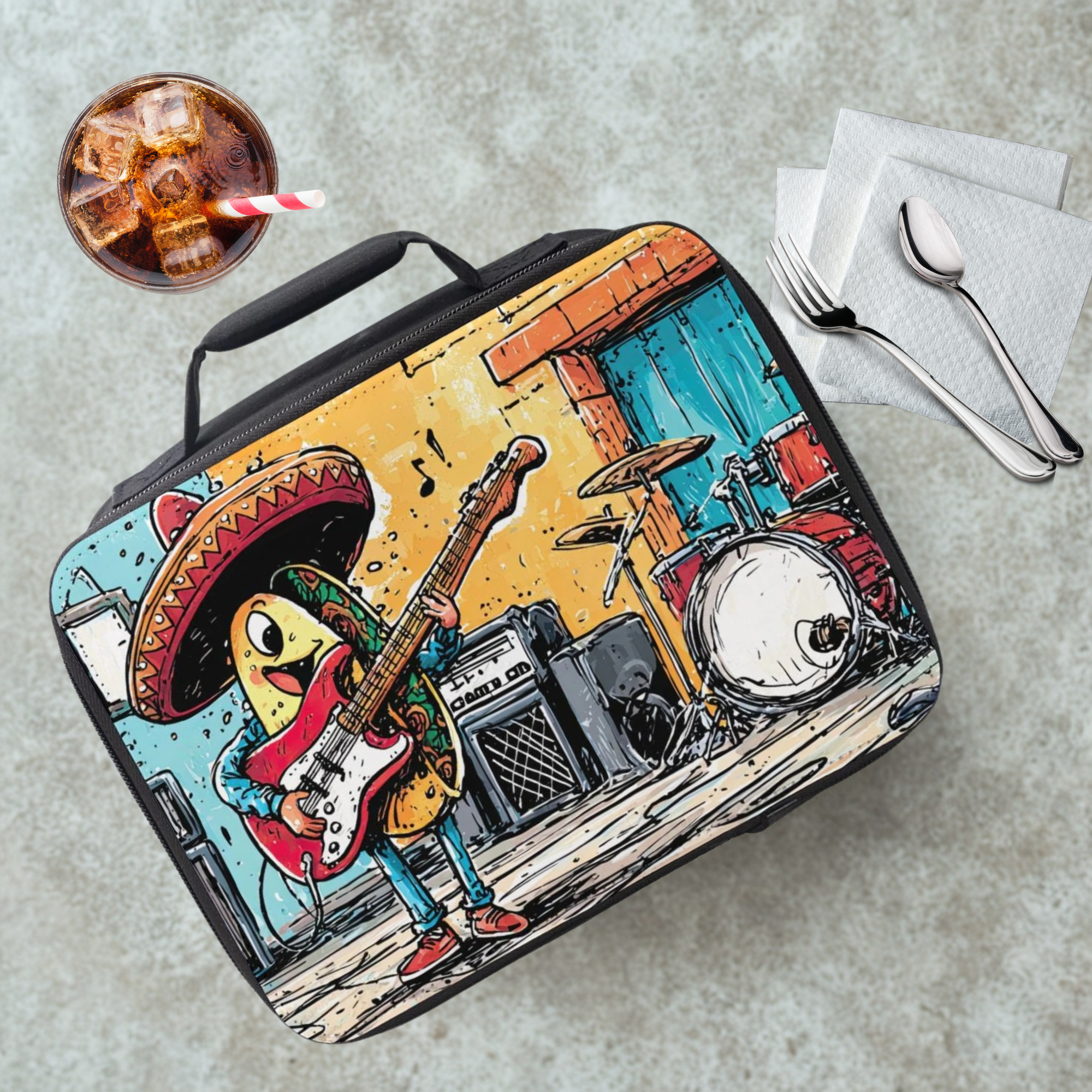 Colorful lunch bag with a guitar-playing taco design on a gray table with a drink and utensils.