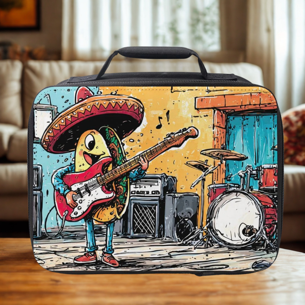 Colorful lunch bag with a cartoon character taco playing guitar and drums in a band setting.
