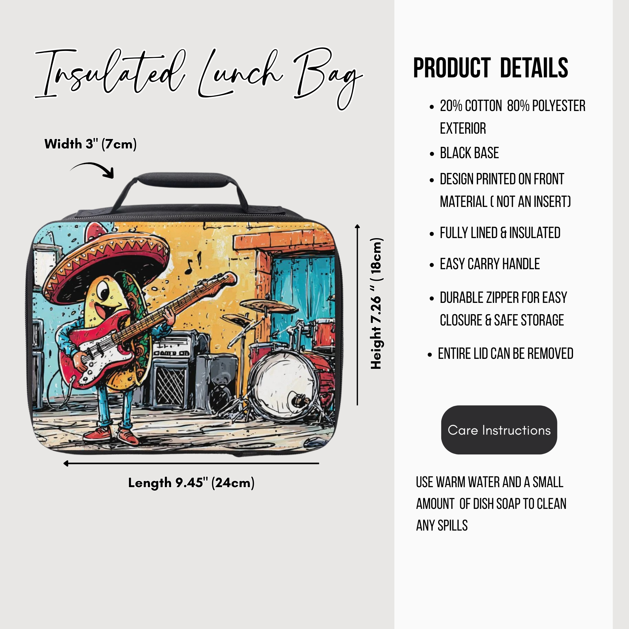 Insulated lunch bag with cartoon character taco playing guitar and drums, product details on the right.