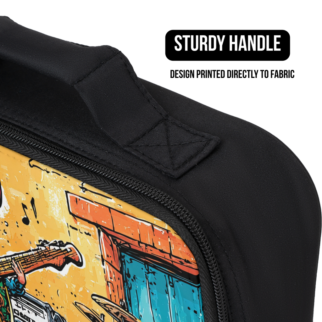 Black lunch bag with a colorful design on a white background, featuring text about a sturdy handle and design  printed directly to the fabric.