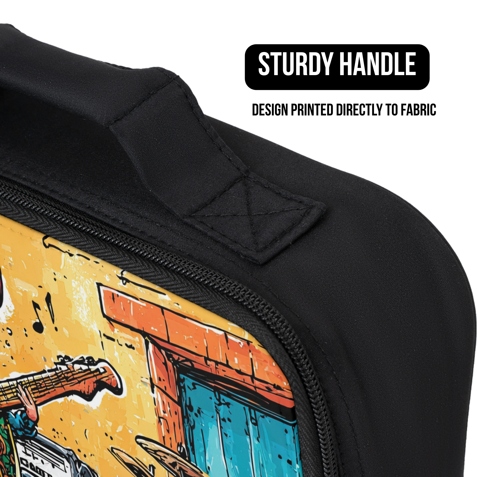 Black lunch bag with a colorful design on a white background, featuring text about a sturdy handle and design  printed directly to the fabric.