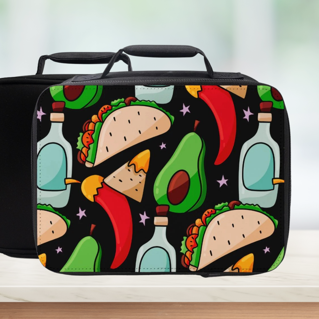 Black lunch bag with colorful taco and avocado design on a white background