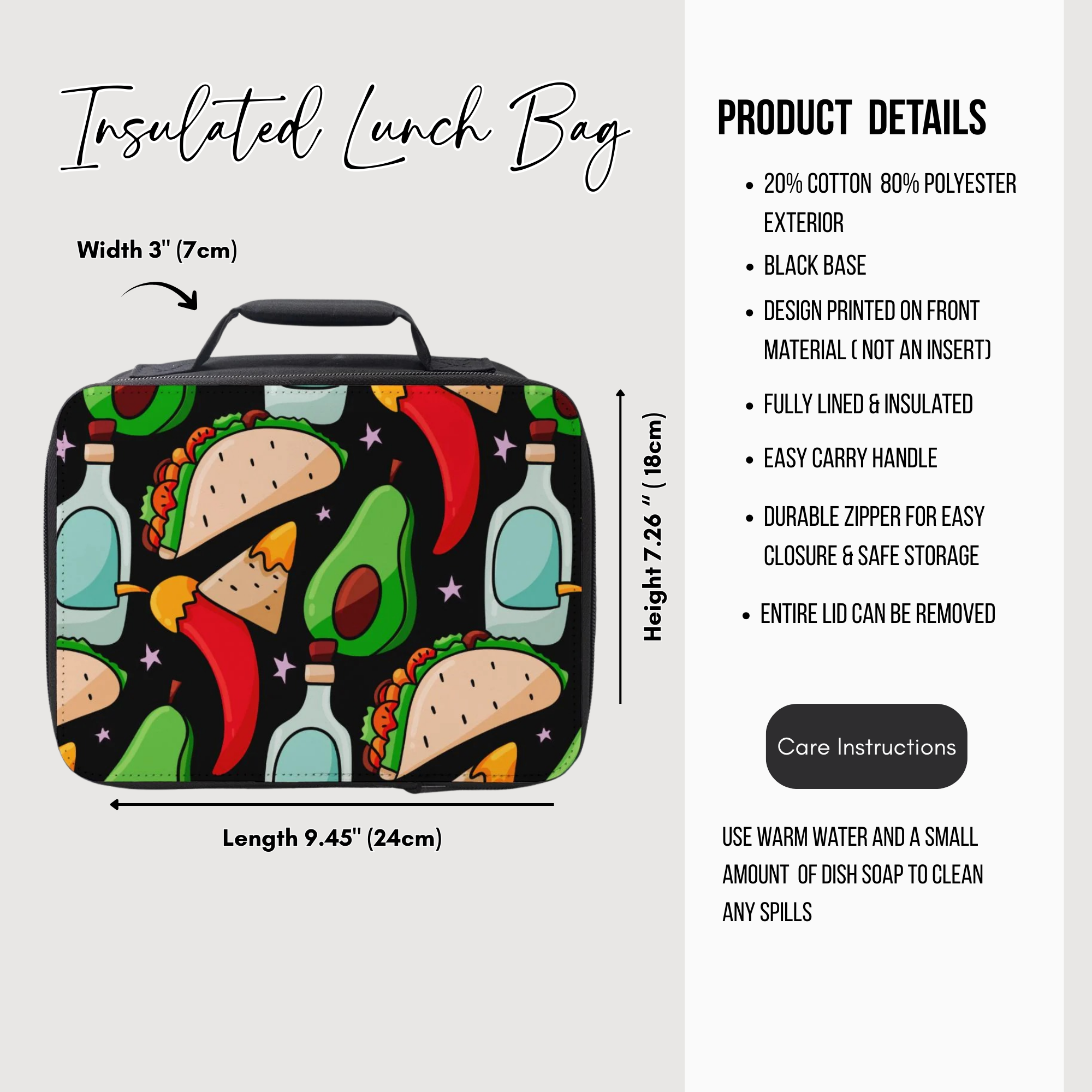 Insulated lunch bag with taco design and product details on a white background
