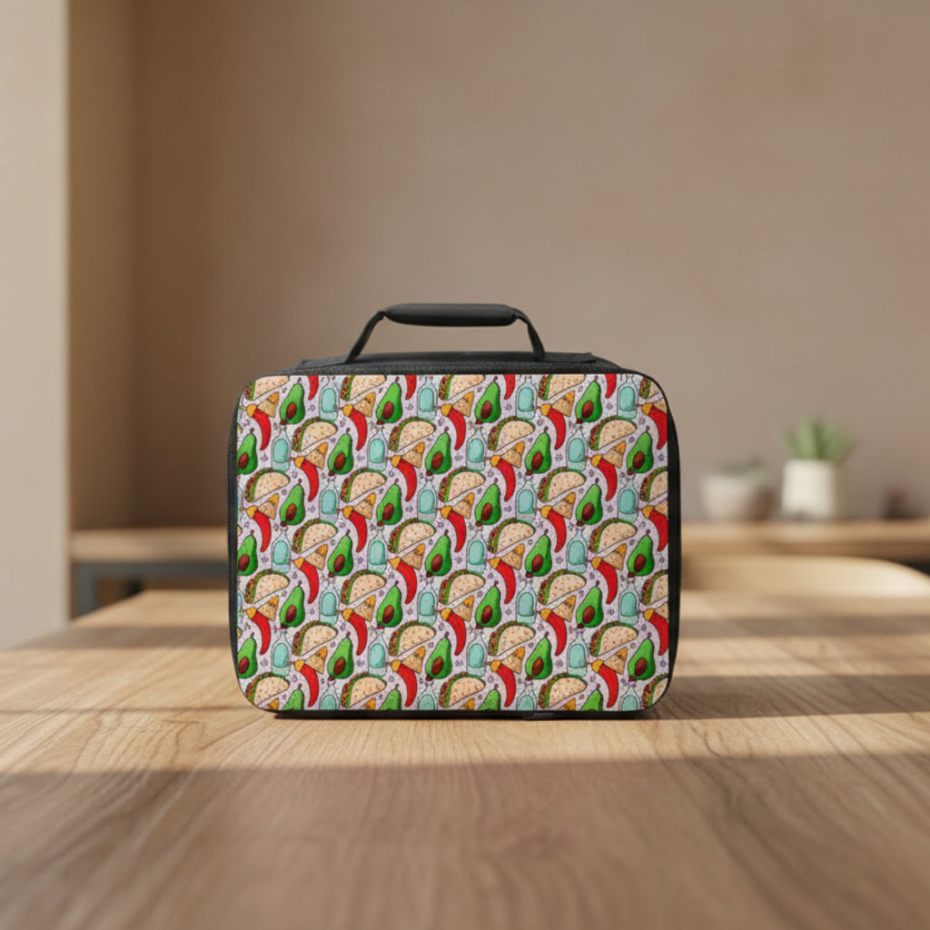  insulated lunch bag with colorful taco and avocado pattern