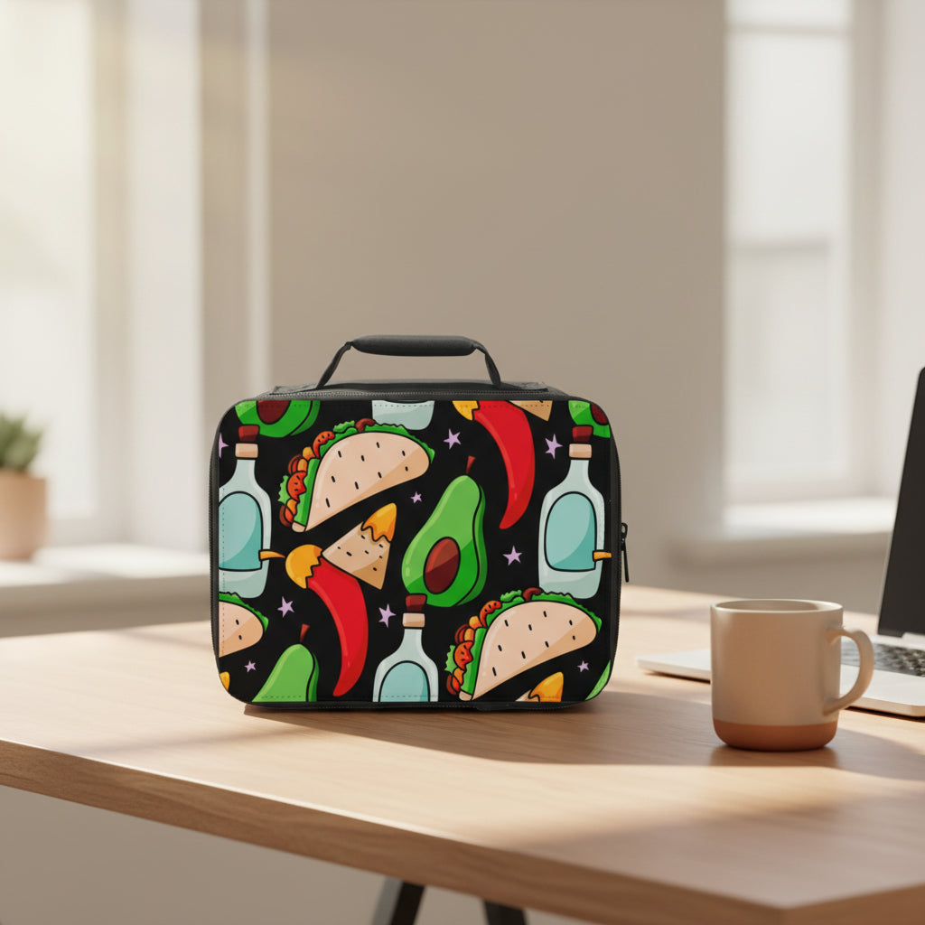  insulated lunch bag with colorful taco and avocado pattern on a black background