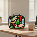  insulated lunch bag with colorful taco and avocado pattern on a black background