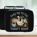 Black lunch bag with a goose design and text 'Take me to the thrift shop' on a light background