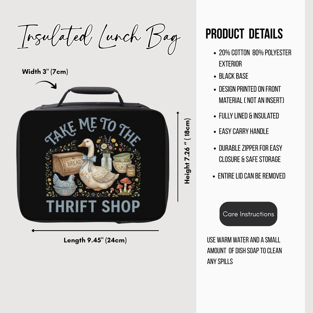 Insulated lunch bag with graphic design and product details on a white background