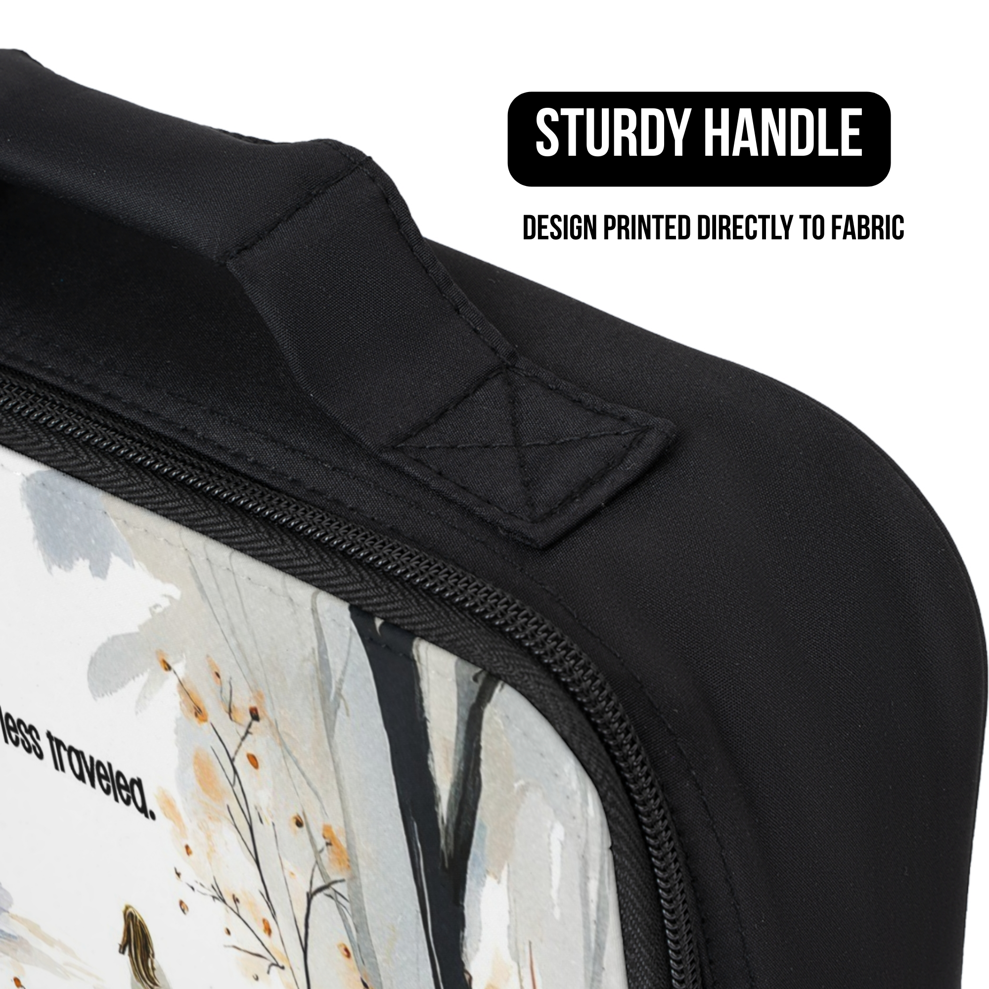 Black lunch bag with design of a wooded area printed directly to fabric and a sturdy handle.