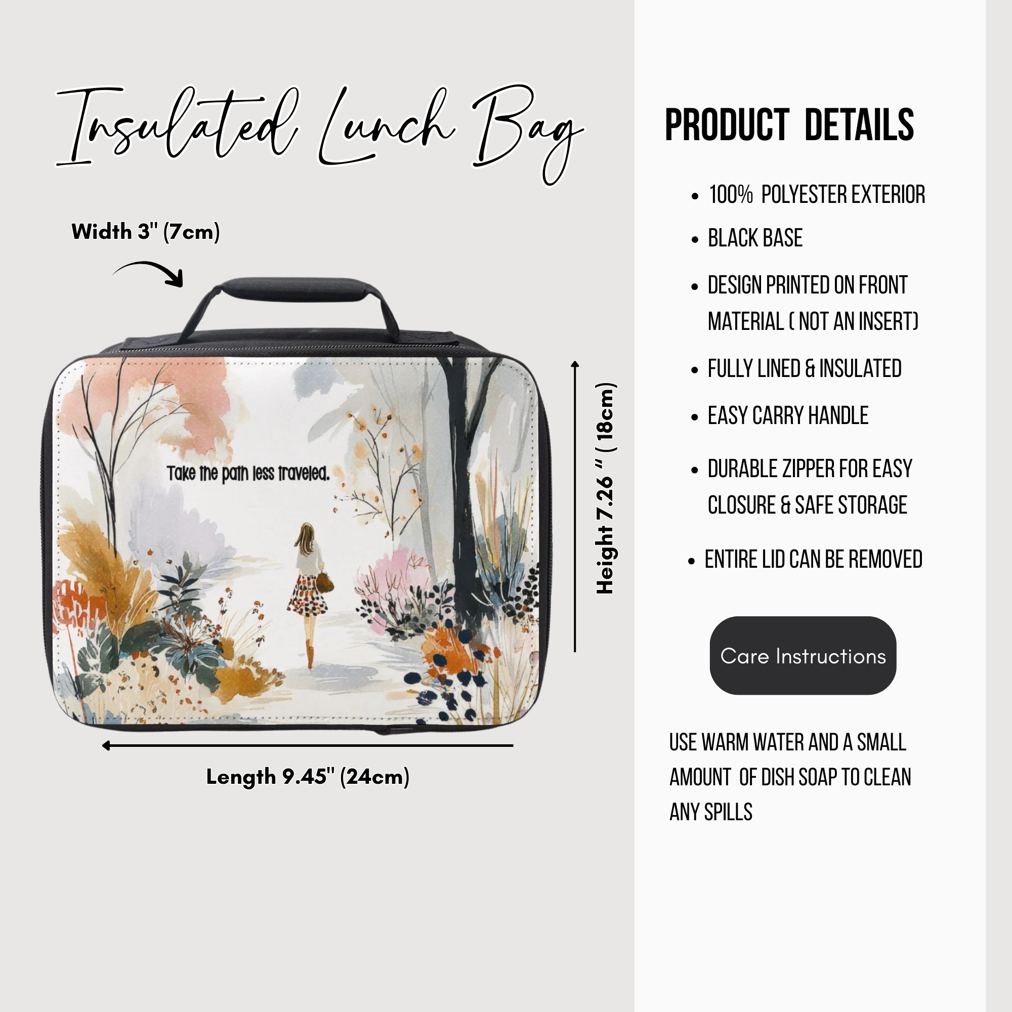 Insulated lunch bag with floral design and product details on a white background