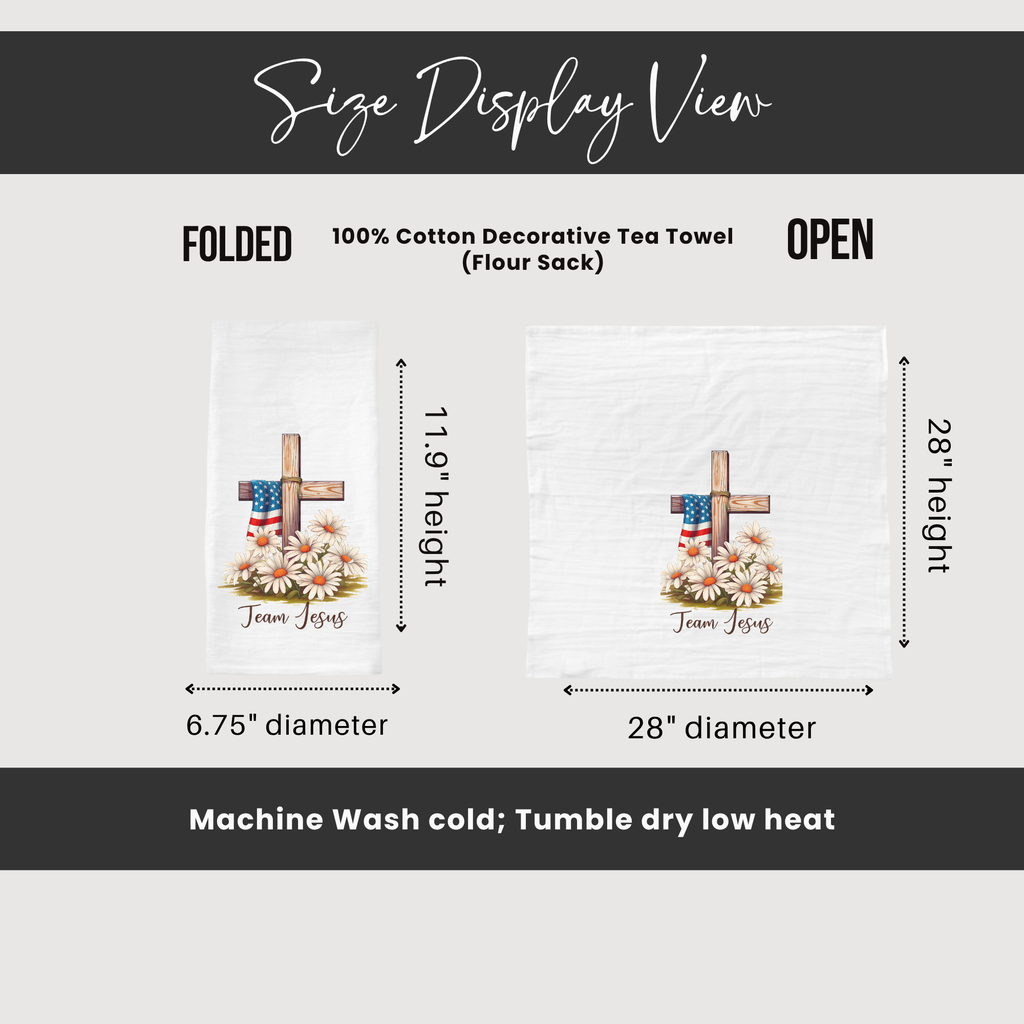 Size display view of a decorative tea towel with cross and floral design, including dimensions and care instructions.