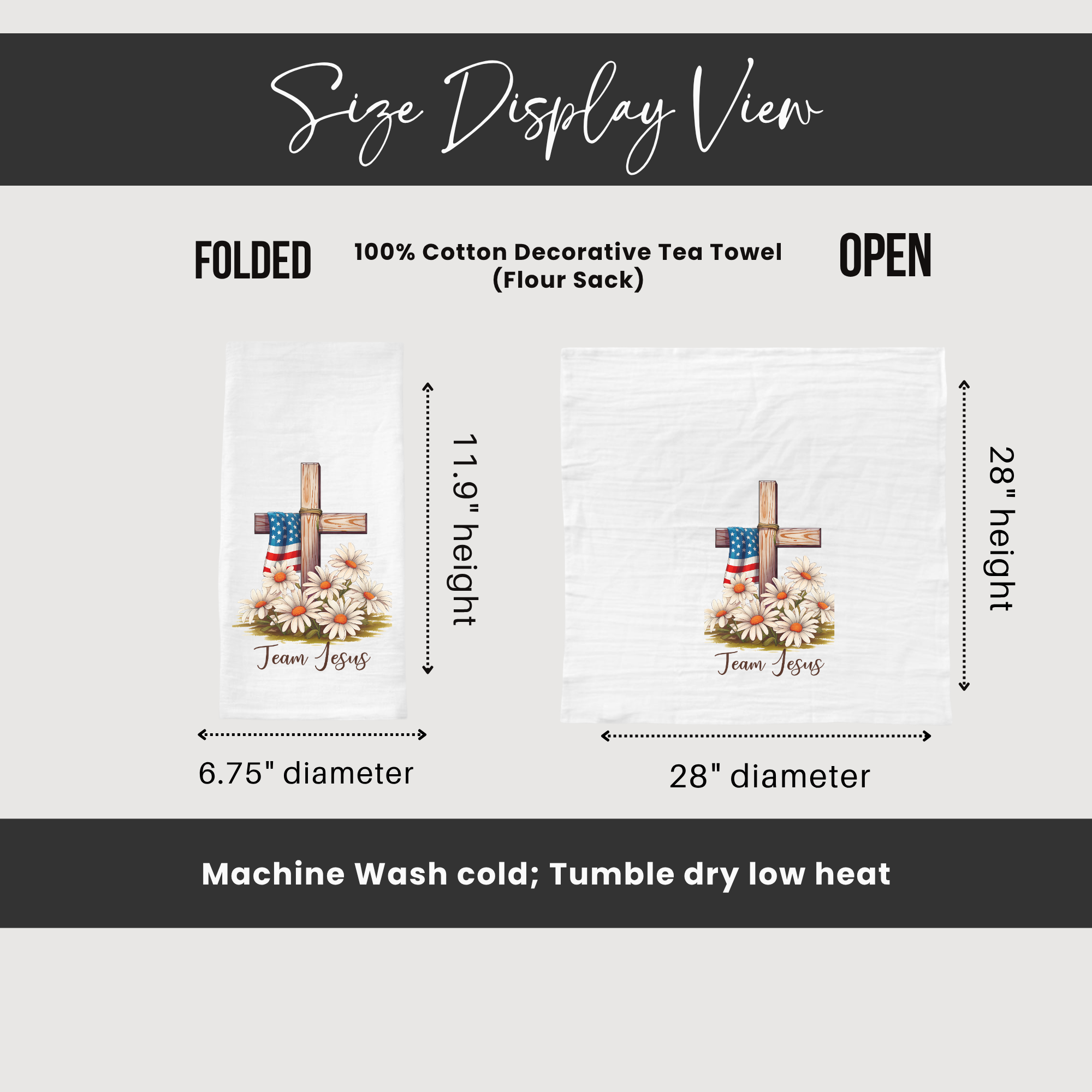 Size display view of a decorative tea towel with cross and floral design, including dimensions and care instructions.