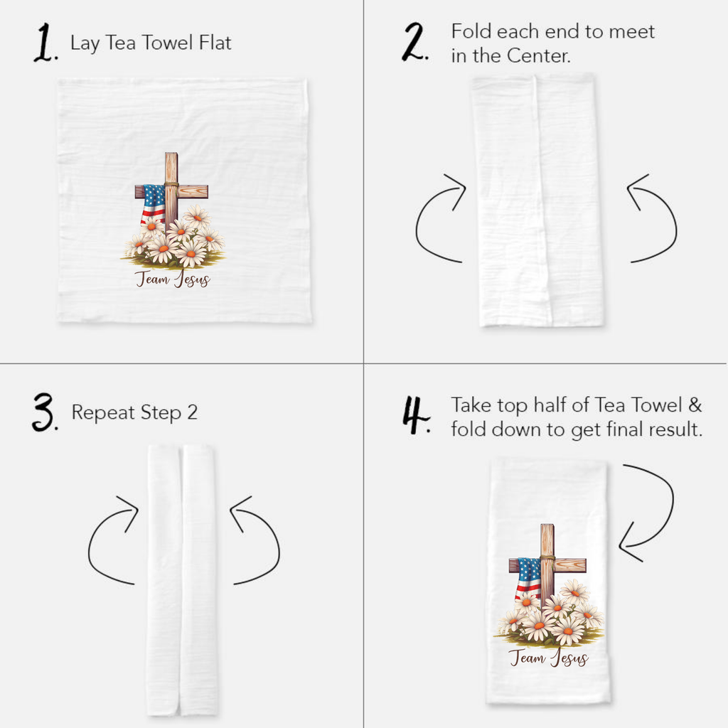 Step-by-step guide on folding a tea towel with a cross and flowers design.