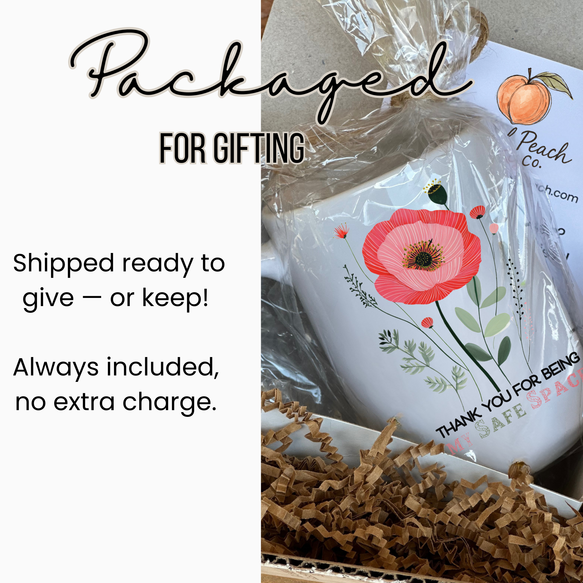 Gift-wrapped mug with floral design and text, labeled 'Peach Co'.