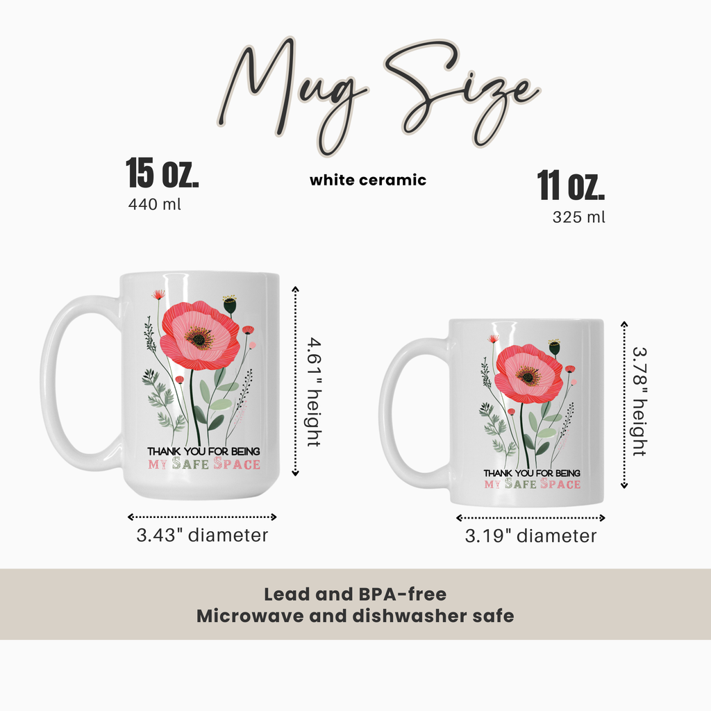 15oz & 11oz mugs with floral design and text, showing measurements and material information on a white background.
