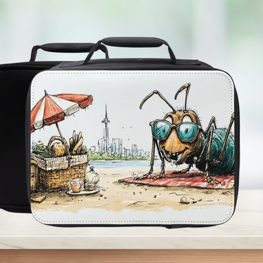  insulated lunch bag with cartoon ant design on a beach sitting on a counter with a light background.