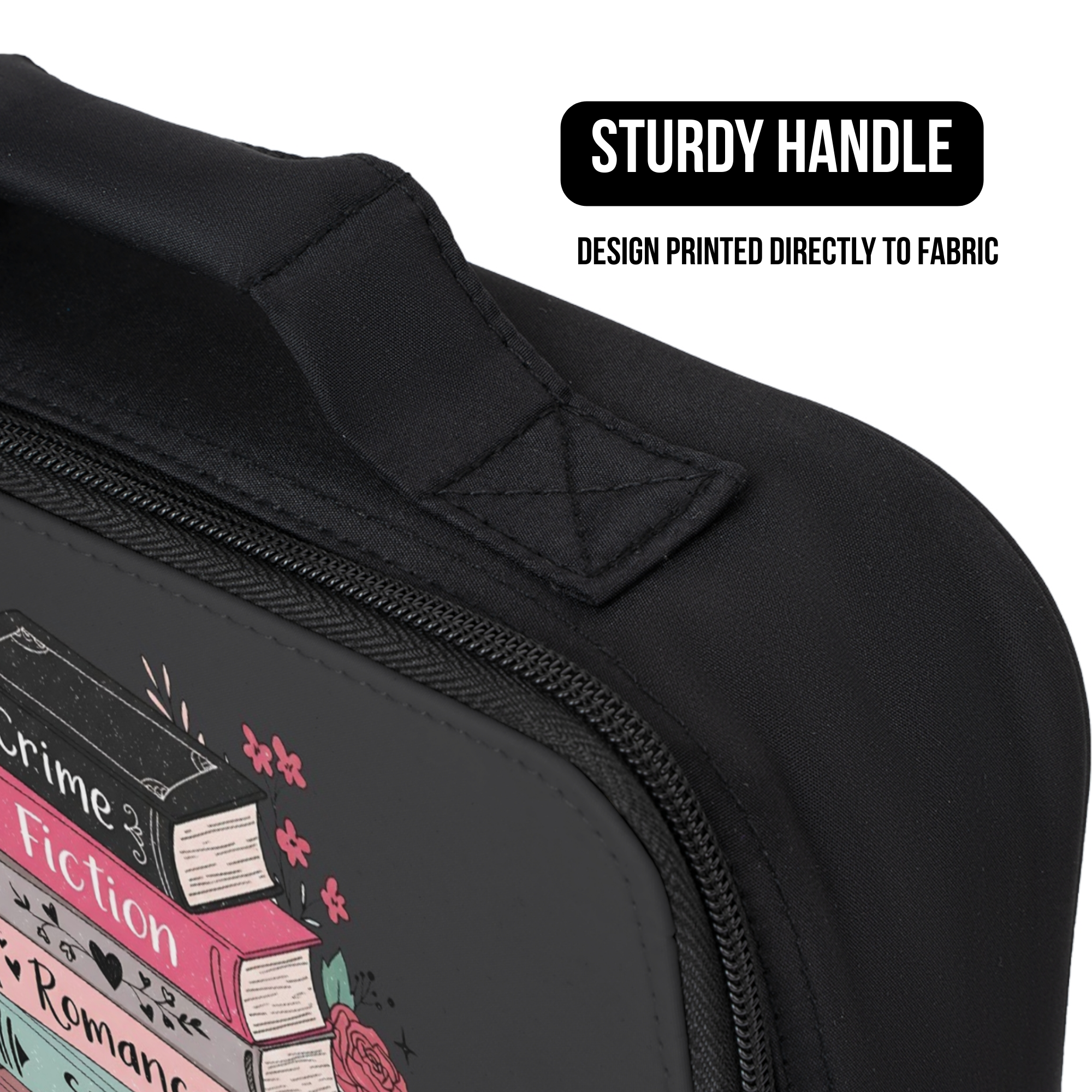 Black lunch bag with book design and 'Sturdy Handle' text on a white background