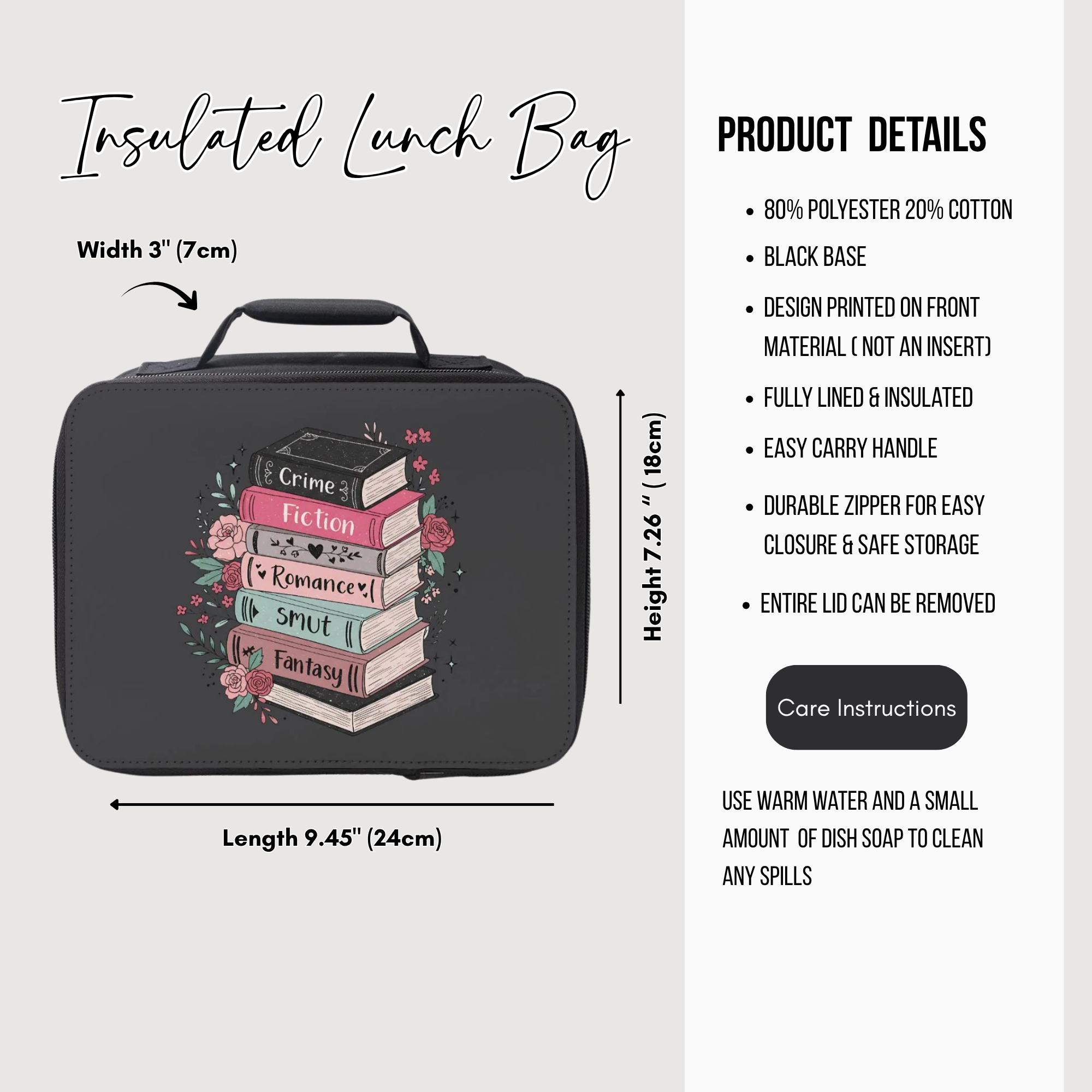 Insulated lunch bag with book design and product details on a light gray background