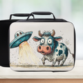 Lunch bag with a cow and UFO design on a white background