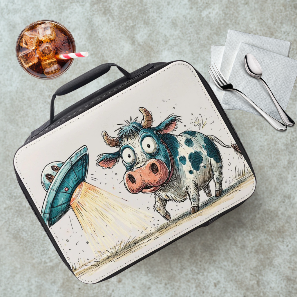 Lunch bag with cow and UFO design on a cafeteria table with a drink and utensils.