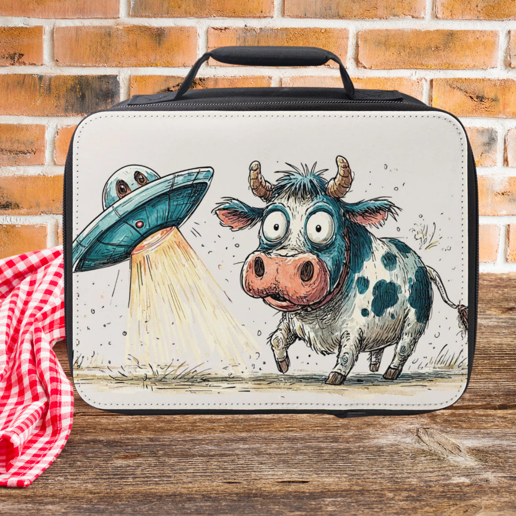 Lunch bag with cow and UFO design on a wooden picnic table with brick wall background