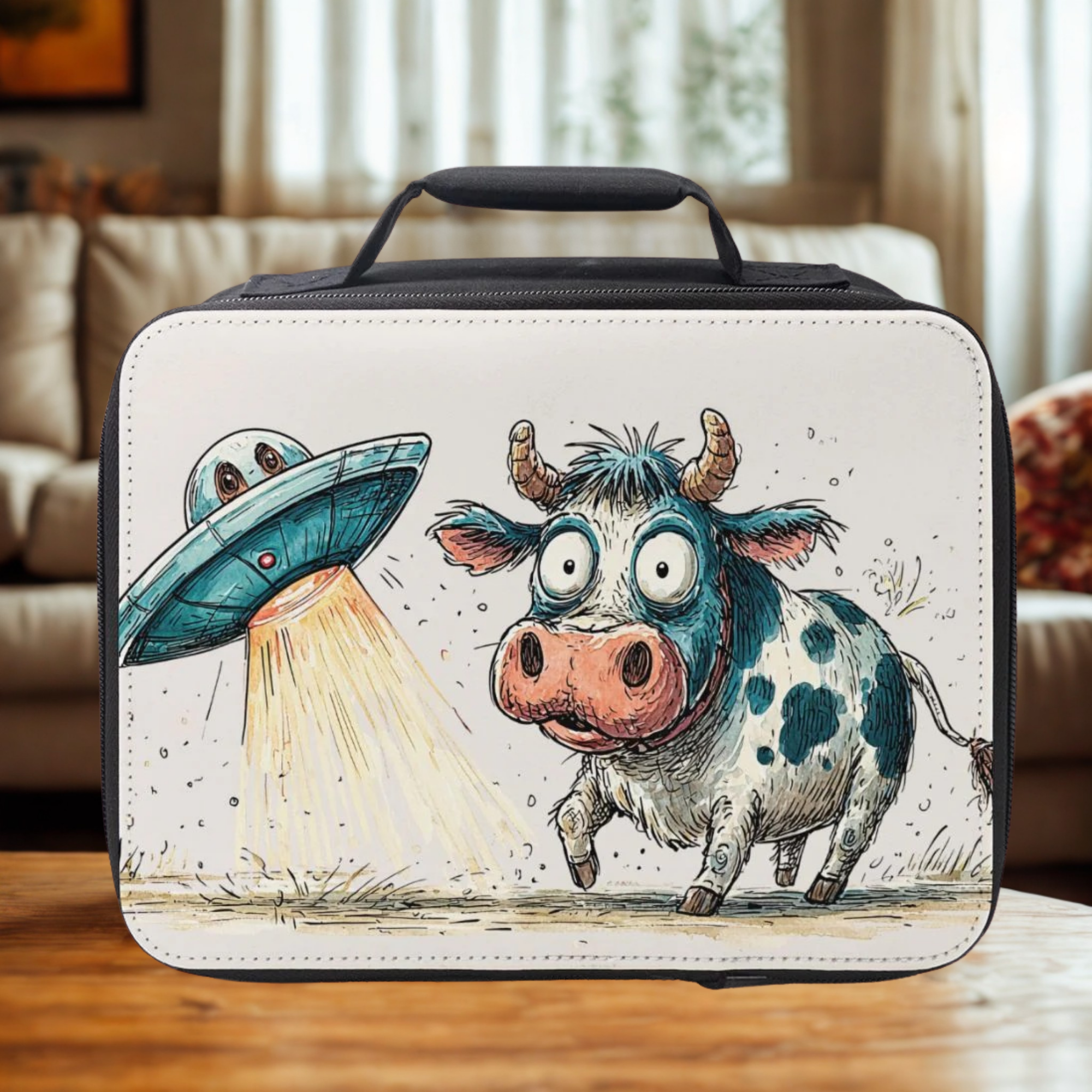 Lunch bag with a cow and UFO design on a wooden surface