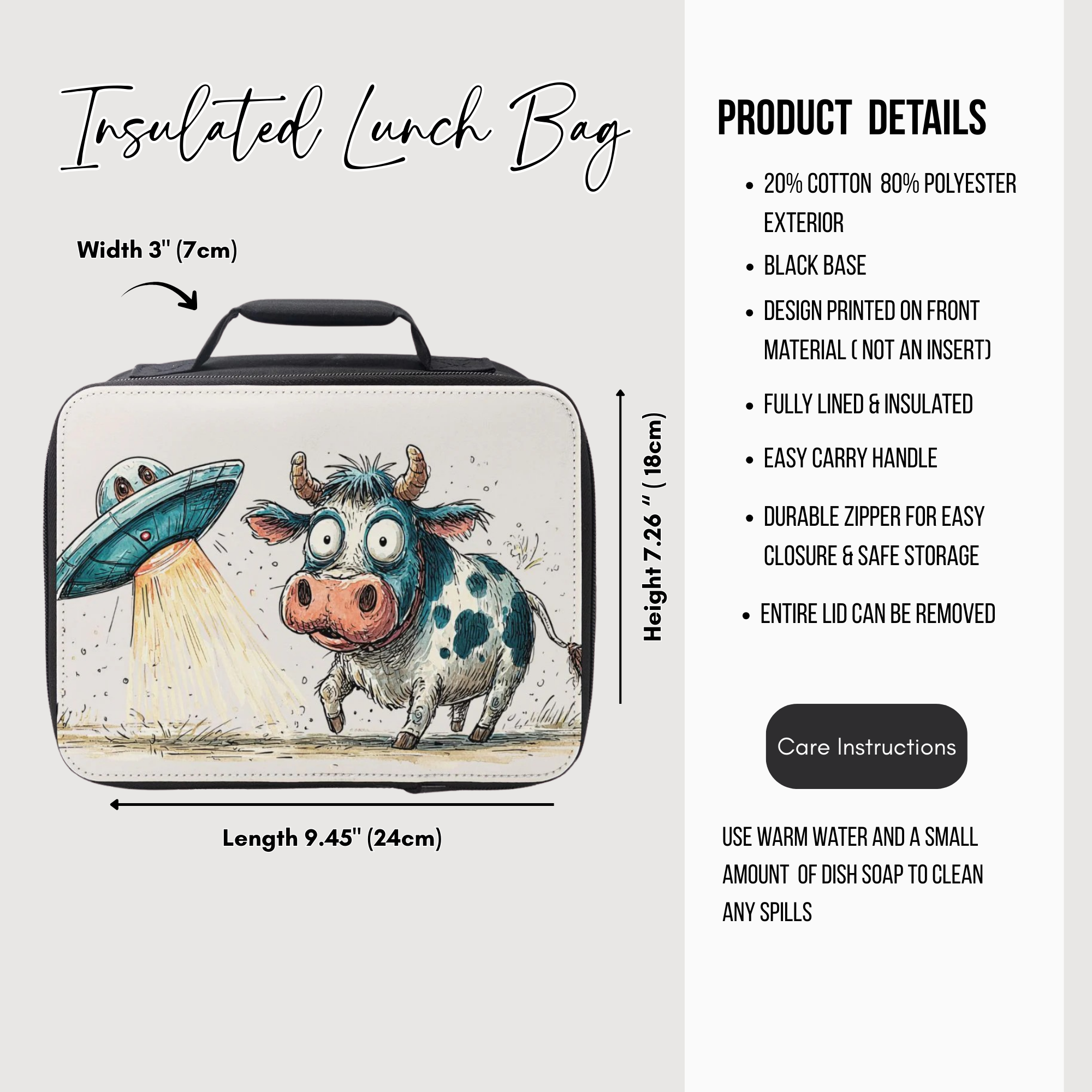 Insulated lunch bag with cow design and product details on a white background