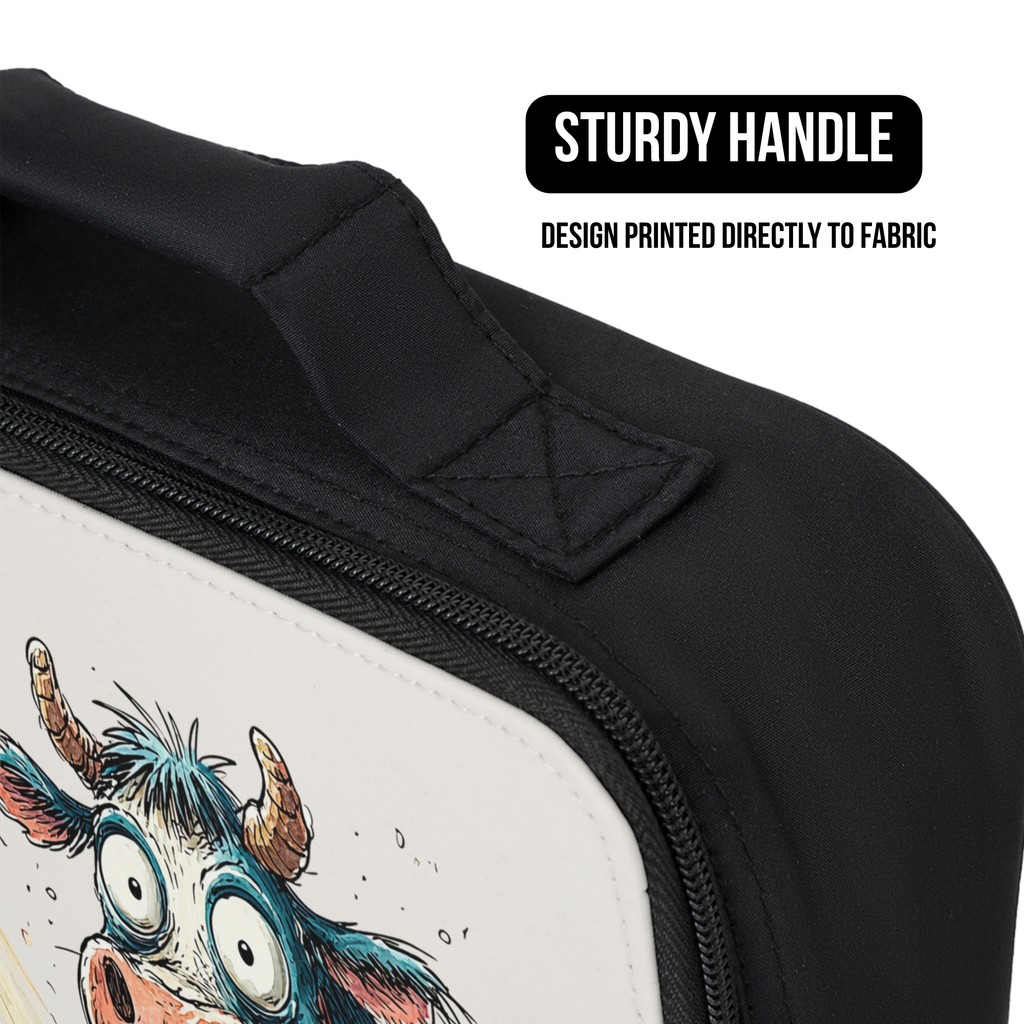 Black lunch bag with a colorful cow design on a white background, featuring text about a sturdy handle and design on fabric.