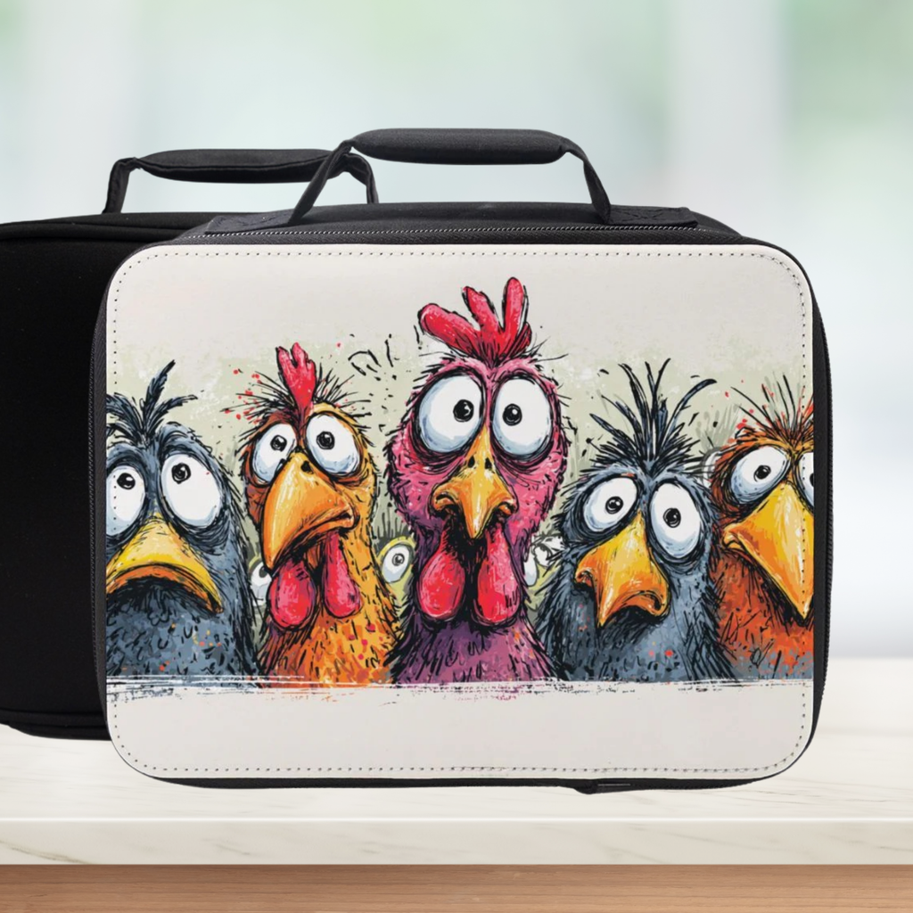 Black lunch bag with colorful chicken design on a white background