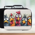 Black lunch bag with colorful chicken design on a white background
